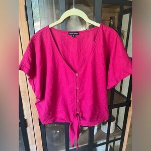 Universal Standard Tropez Tied Linen Crop Top pink short sleeve button up